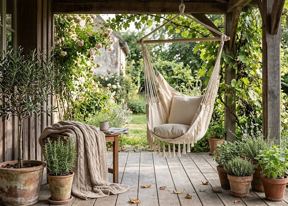 Krzesło brazylijskie wiszące z poduszkami beżowe do domu i ogrodu